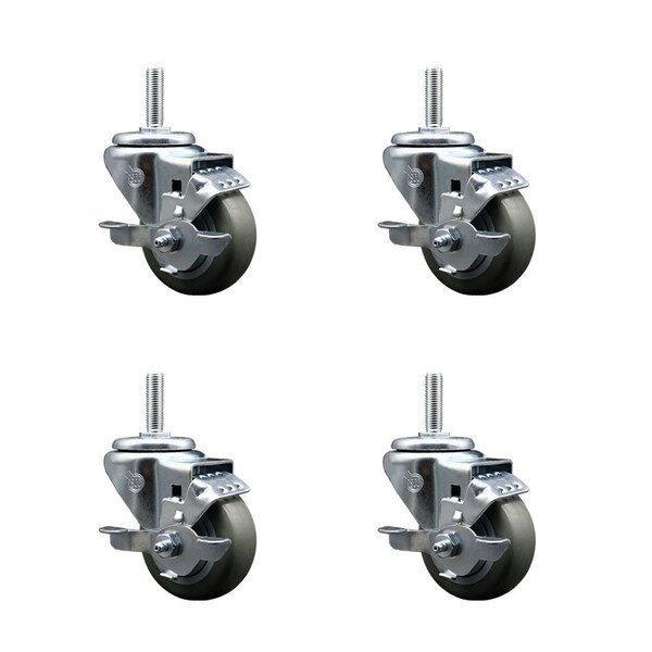 3 Inch Gray Polyurethane Wheel Swivel 58 Inch Threaded Stem Caster Set with Brake SCC